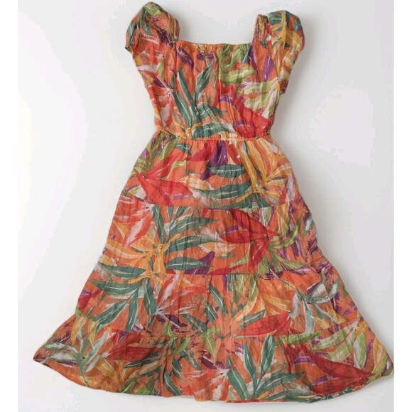 Indigo Rose Tropical Midi Dress L | Orange Multicolor Leaf Print Vacation Style - Picture 2 of 7
